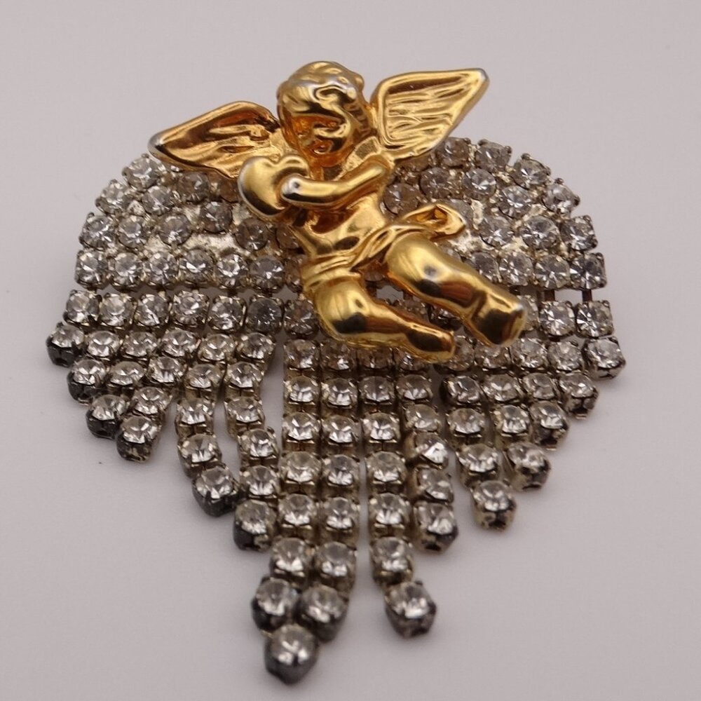 Vintage Rhinestone Dangle Heart Gold tone Cupid Brooch Angel Pin